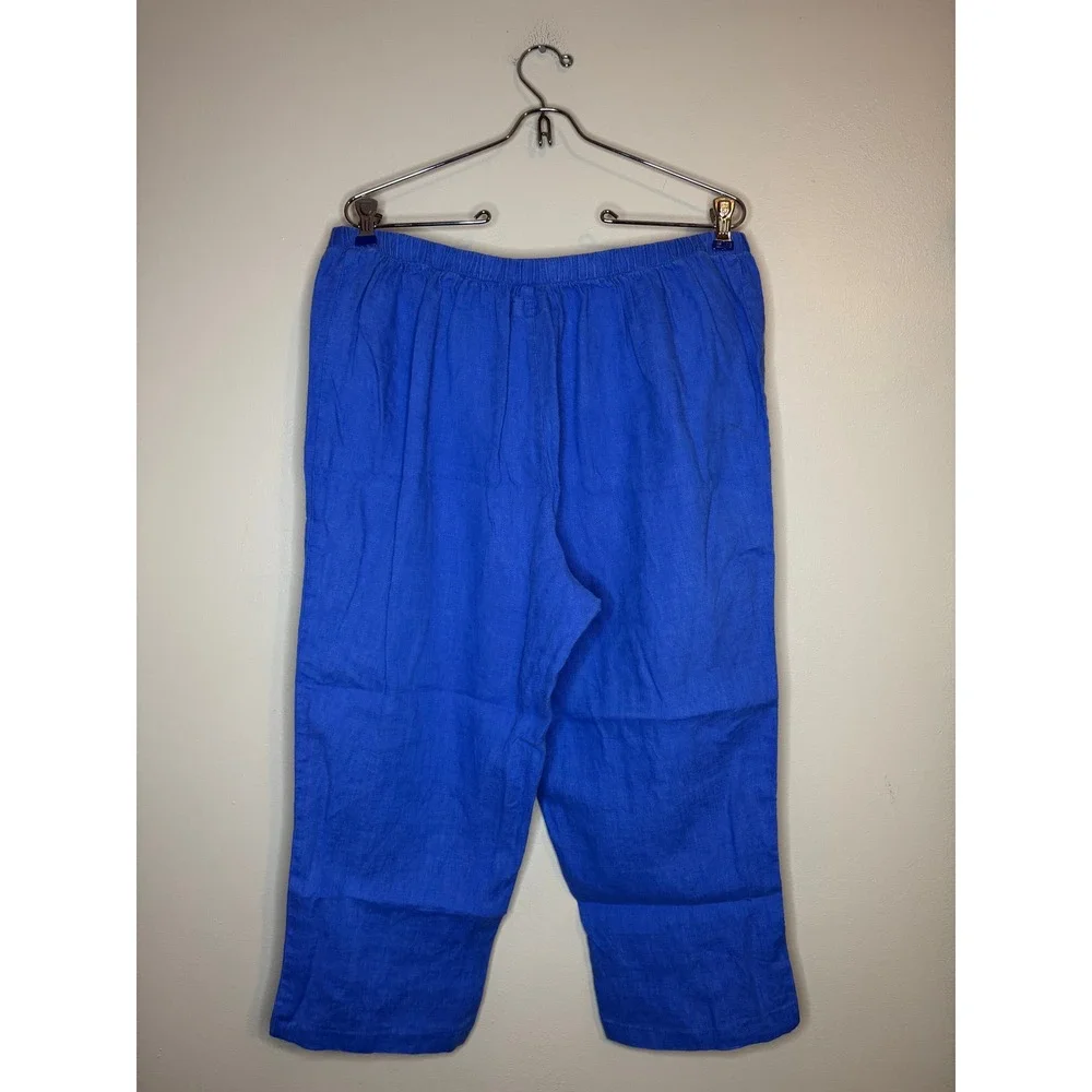 FLAX Royal Blue 100% Linen Cropped Capri Pants Elastic Waist Womens Medium